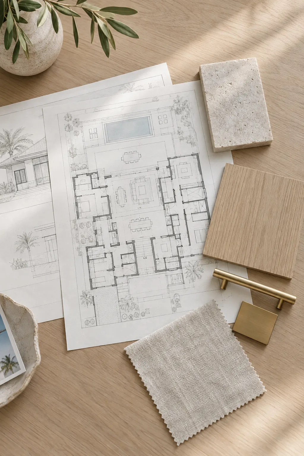 Floor plans and material samples arranged on a pale oak table